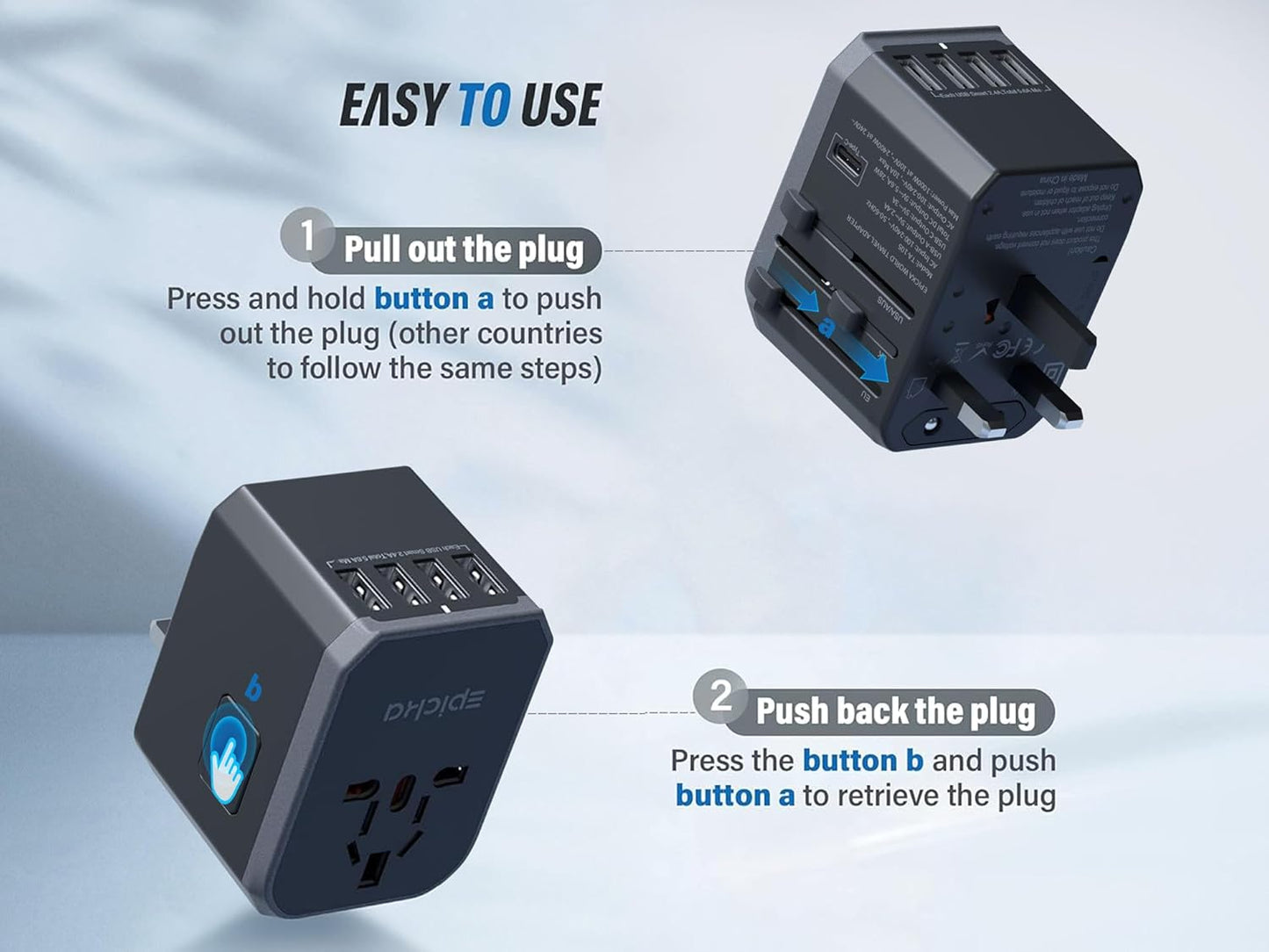 Universal Travel Adapter, European Travel Plug Adapter (Not a Voltage Converter) - International Power Adapter Worldwide Charger with USB-C & 4 USB-A Ports, Travel Essentials (TA-105, Grey)