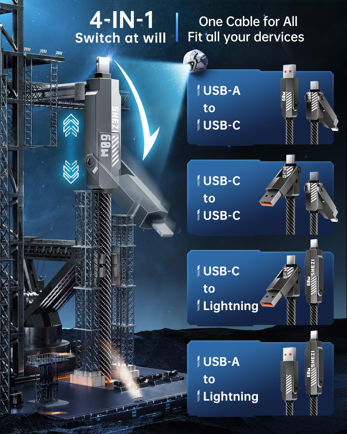 4 in 1 USB C Cable 60W 5FT Compatible with Lightning Cable