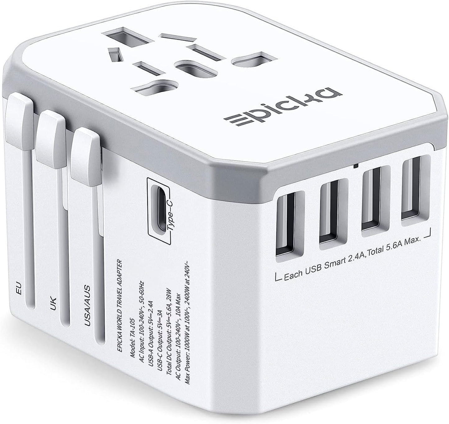 Universal Travel Adapter, European Travel Plug Adapter (Not a Voltage Converter) - International Power Adapter Worldwide Charger with USB-C & 4 USB-A Ports, Travel Essentials (TA-105, Grey)