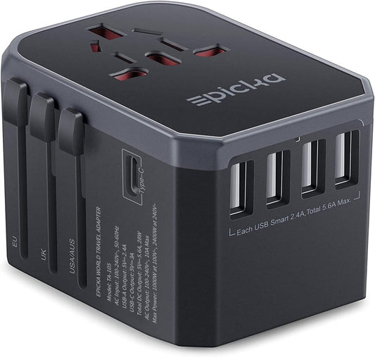 Universal Travel Adapter, European Travel Plug Adapter (Not a Voltage Converter) - International Power Adapter Worldwide Charger with USB-C & 4 USB-A Ports, Travel Essentials (TA-105, Grey)